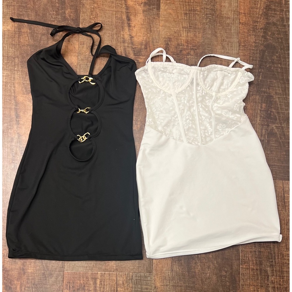 SHEIN Women Black Halter  Dress Cutout White Lace Corset Sexy Mini Dress Size XS